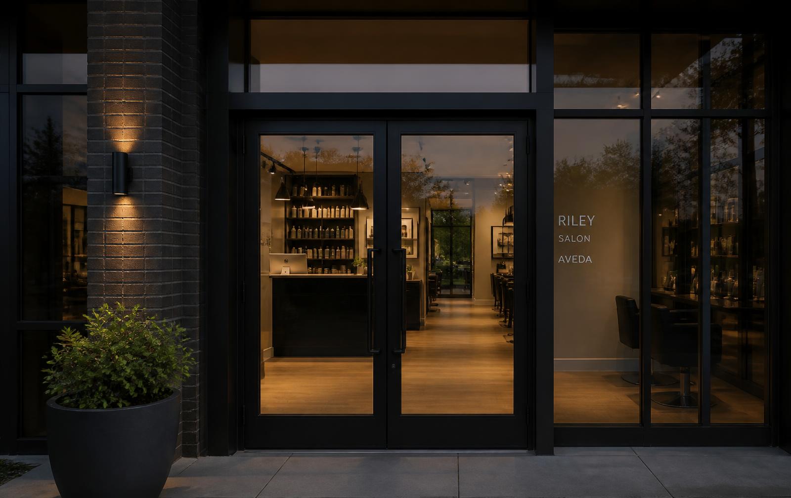 Aluminum framed commercial glass storefront entrance lit at dusk